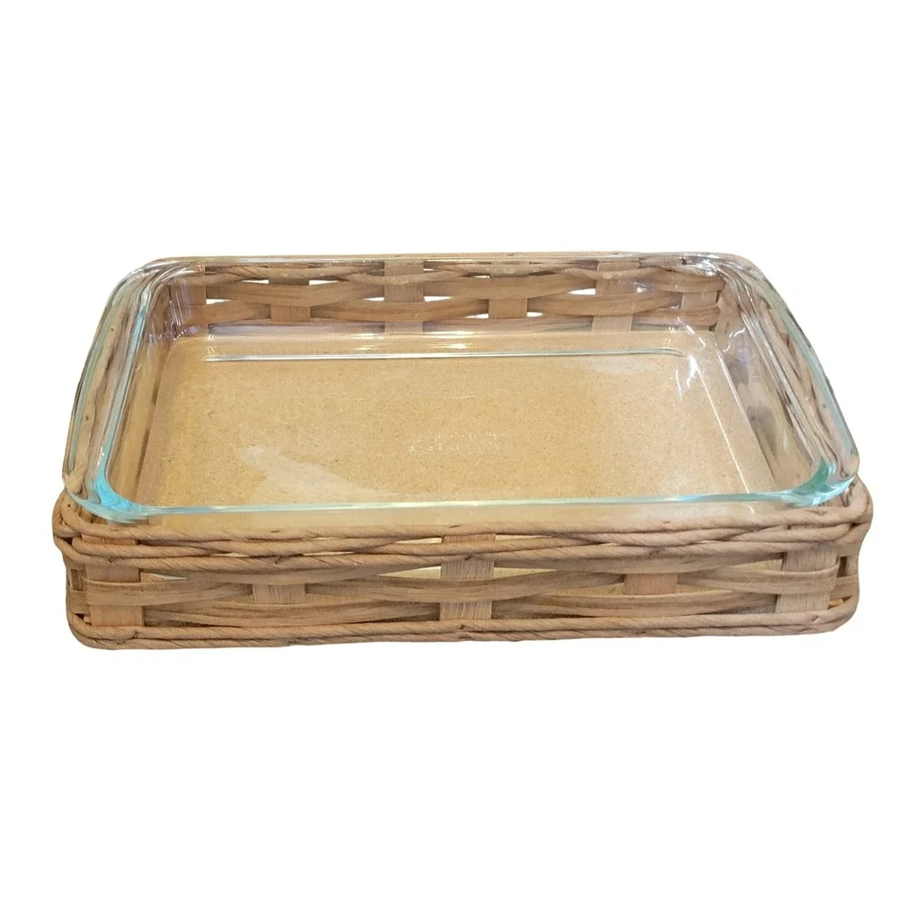 Vintage Pyrex Baker in a Basket 2330 3 Qt Glass Utility Dish with Woven Basket